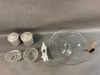 Box Lot inc. 2 Glass Jelly Moulds, French Porcelain Cow Creamer, 2 Ally Cannisters + Glass Cake Plate - 2