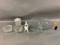 Box Lot inc. 2 Glass Jelly Moulds, French Porcelain Cow Creamer, 2 Ally Cannisters + Glass Cake Plate - 3