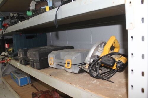 Shelf lot of mixed tools inc. sanders, circular saw, drills, nail gun etc