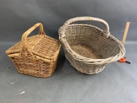 Large Vintage Wicker Pineapple Picking Basket + Lidded Picnic Basket - 2