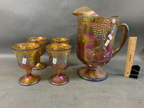 Carnival Glass Jug & 4 Goblets