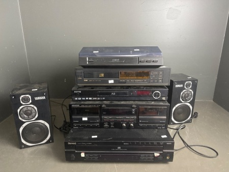 Music sound system inc Kenwood Cassette Deck, Sherwood 5 Disc , Cord Record Player, Soniq Blu Ray Player and Yamaha speakers