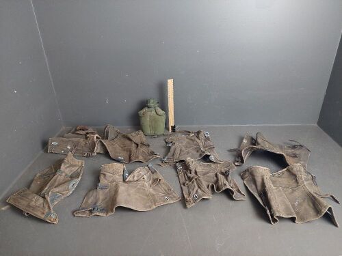 Lot of canvas military leggings and canteen