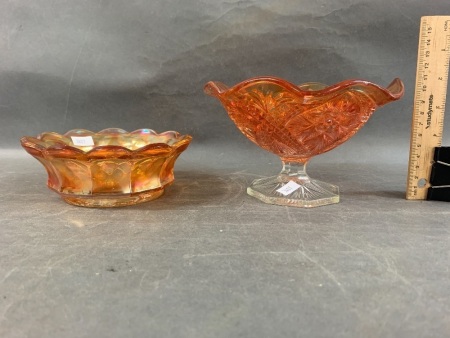 Vintage 8 Ruffle Marigold Carnival Glass Compote on Clear Stem + Marigold Vine Pattern Bon Bon Dish