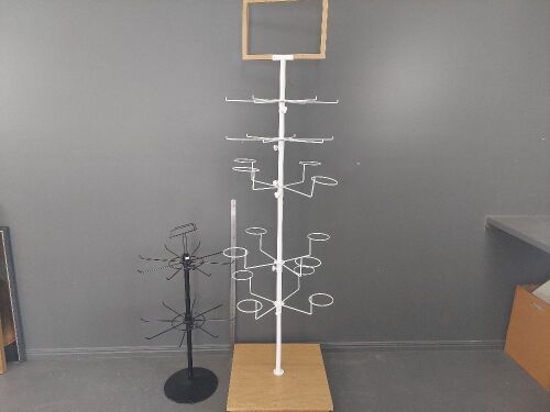 2 x Adjustable Spinner Display Stands - 1 White with 5 Tiers and Base on Wheels - 1 Black with 2 Tiers