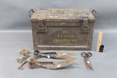 Vintage US Ammo Box + Sheep Shears, Scissors Etc