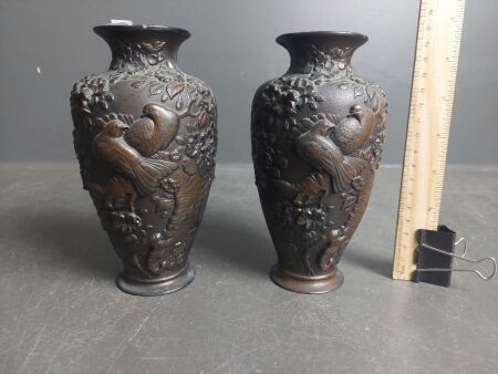 Pair of Antique Brass Oriental Raised Relief Bird and Blossom Vases