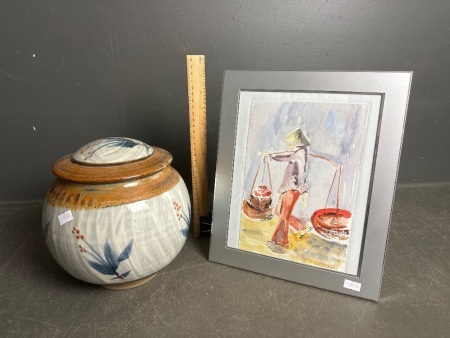 Asian Scene Water Colour signed S Howard 2005 & Ginger Jar