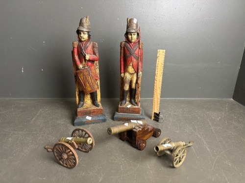 Two Army Wooden Book Ends & 3 Collectable Brass Canons