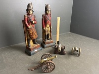 Two Army Wooden Book Ends & 3 Collectable Brass Canons - 2