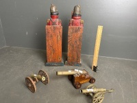 Two Army Wooden Book Ends & 3 Collectable Brass Canons - 3