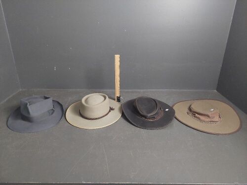 2 Felt Hats (Royal Stetson AU, Statesman AU), 1 Leather Hat (AU) and 1 Canvas Hat