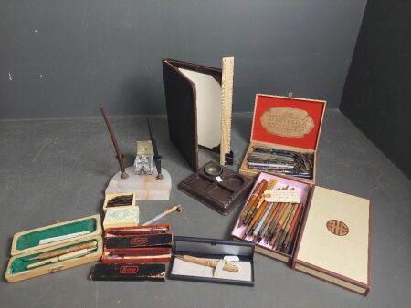 Vintage Writing Set inc Bakelite Ink Tray, Fountain Pens, Leather Bound Writing Pad