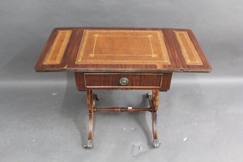 Mid Century Leathered Top Drop Leaf Lyre Side Table with Brass Feet