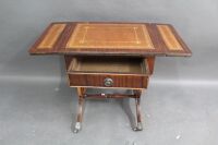 Mid Century Leathered Top Drop Leaf Lyre Side Table with Brass Feet - 2