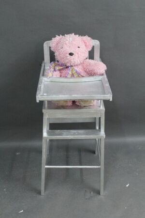 Vintage Silver Painted High Chair with Teddy