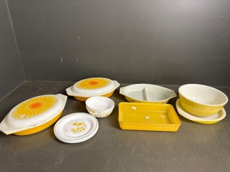 Yellow Stack of Pyrex Dishes with 2 x Pyrex Sunflower Dishes