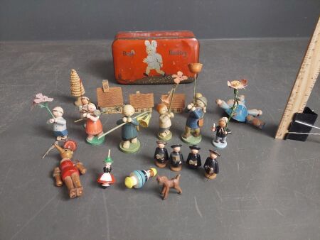 Vintage Baby Bunting Tin & 1930s Erzgebirge Wooden Collectable Figures