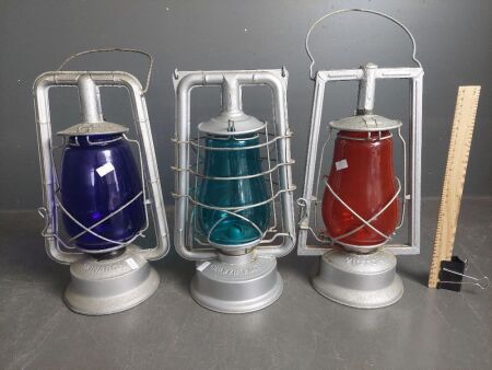 2 Dietz Kerosene Lanterns - Victor Red, Monarch Blue & Chalwyn Pilot Aqua