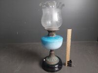 Hand Painted Blue Glass & Brass Kerosene Lamp