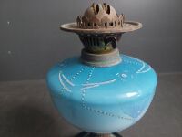 Hand Painted Blue Glass & Brass Kerosene Lamp - 3