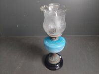 Hand Painted Blue Glass & Brass Kerosene Lamp - 4