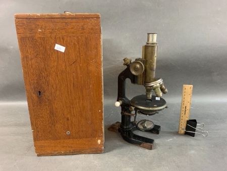 Antique Reichert Cast Iron & Brass Microscope in Original Mahogany Box with Additional Lenses etc