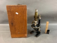 Antique Reichert Cast Iron & Brass Microscope in Original Mahogany Box with Additional Lenses etc - 2