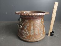 Large Etched Copper Pot w. Brass Handles