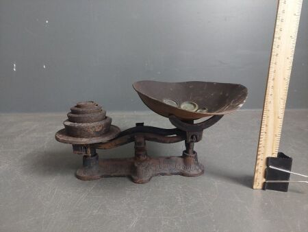 Set Antique Balance Scales w. Weights and Tray