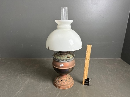 Antique Copper Oil Lamp w. Milk Glass Shade