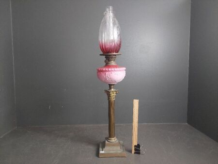 Tall Pink Glass with Metal Base Kerosene Lamp