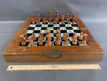 Vintage Chinese Folding Chess Board with Character Tiles & Carved Timber Pieces