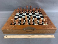Vintage Chinese Folding Chess Board with Character Tiles & Carved Timber Pieces