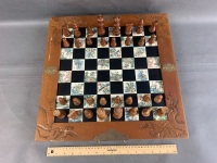 Vintage Chinese Folding Chess Board with Character Tiles & Carved Timber Pieces - 2