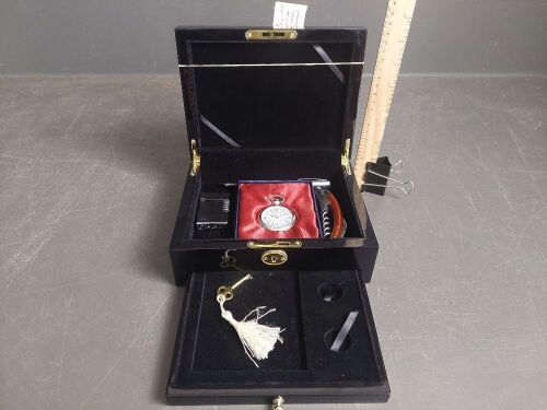 Black Laquer Jewell Box w. Pocket Watch, fountain Pen& Waiters Friend