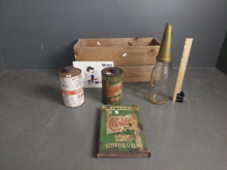 Garagenalia Lot inc Glass Oil Bottle with Golden Fleece Plastic Pourer, Shell Lubricating Can, Rover Oil Can, Wakefield Castrol Oil Can and Mobil Recipe Booketc