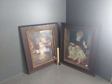 Pair Antique Artworks in Beautiful Frames, Maternity & Prayer