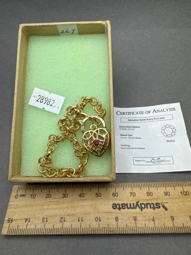 Elegant Gold-Tone Heart Shaped Locket Bracelet with Ruby Stone - with certificate of analysis