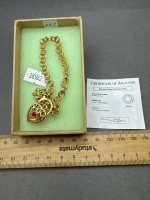 Elegant Gold-Tone Heart Shaped Locket Bracelet with Ruby Stone - with certificate of analysis - 2