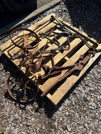 Large Metal Lot inc Chain Tensioners, Brace and Bit, Spreader Hook, Picks, Plow Wheels, Splitting Wedge, etc.