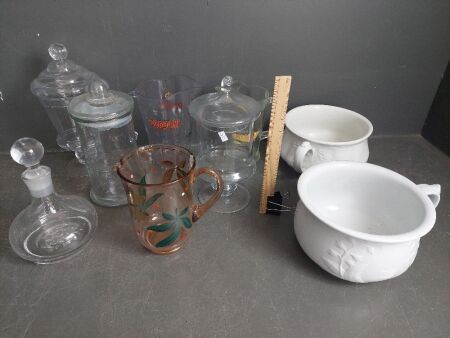 Assorted Glassware inc. Water Jugs, Decanter, Jars etc + 2 Vintage Chamber Pots