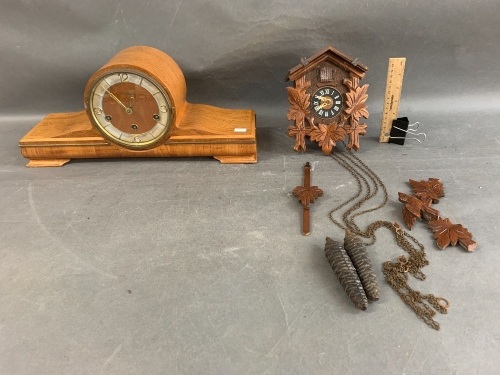 Vintage German Art Deco Mantle Clock + As Is Small Bavarian Cuckoo Clock