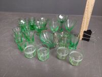 Lot of Assorted Green Glass Goblets, Shot Glasses etc