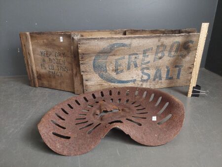 Vintage Lot inc. Cherub Salt crate and metal tractor/plow seat