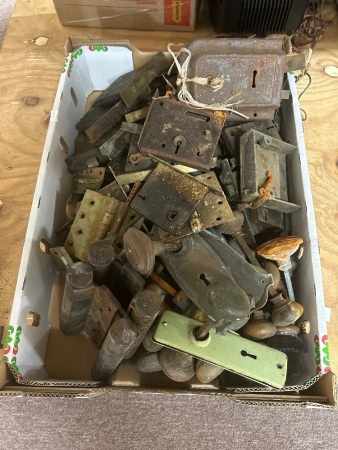 Box of Vintage Door Locks, Knobs, etc.