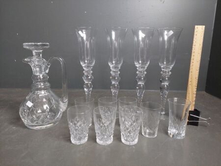 Stuart (Eng) Crystal Decanter and 4x Tall French Country Wine Glasses etc