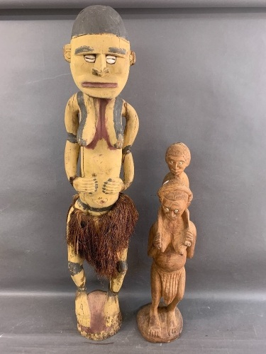 Vintage Carved & Painted PNG Fertility Figure with Grass Skirt & Shell Eyes + Mother & Child Statue