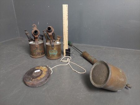 2 Brass Darlton (Sydney) Blow Torches + Brass Sprayer and Leather Bound Tape Measure