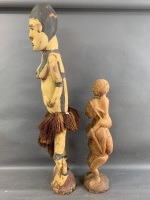 Vintage Carved & Painted PNG Fertility Figure with Grass Skirt & Shell Eyes + Mother & Child Statue - 2